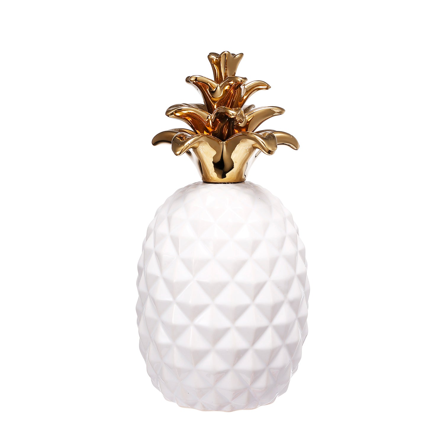 Design Republique Pippa Pineapple Décor Piece featuring a white textured pineapple body with a metallic gold leafy top.