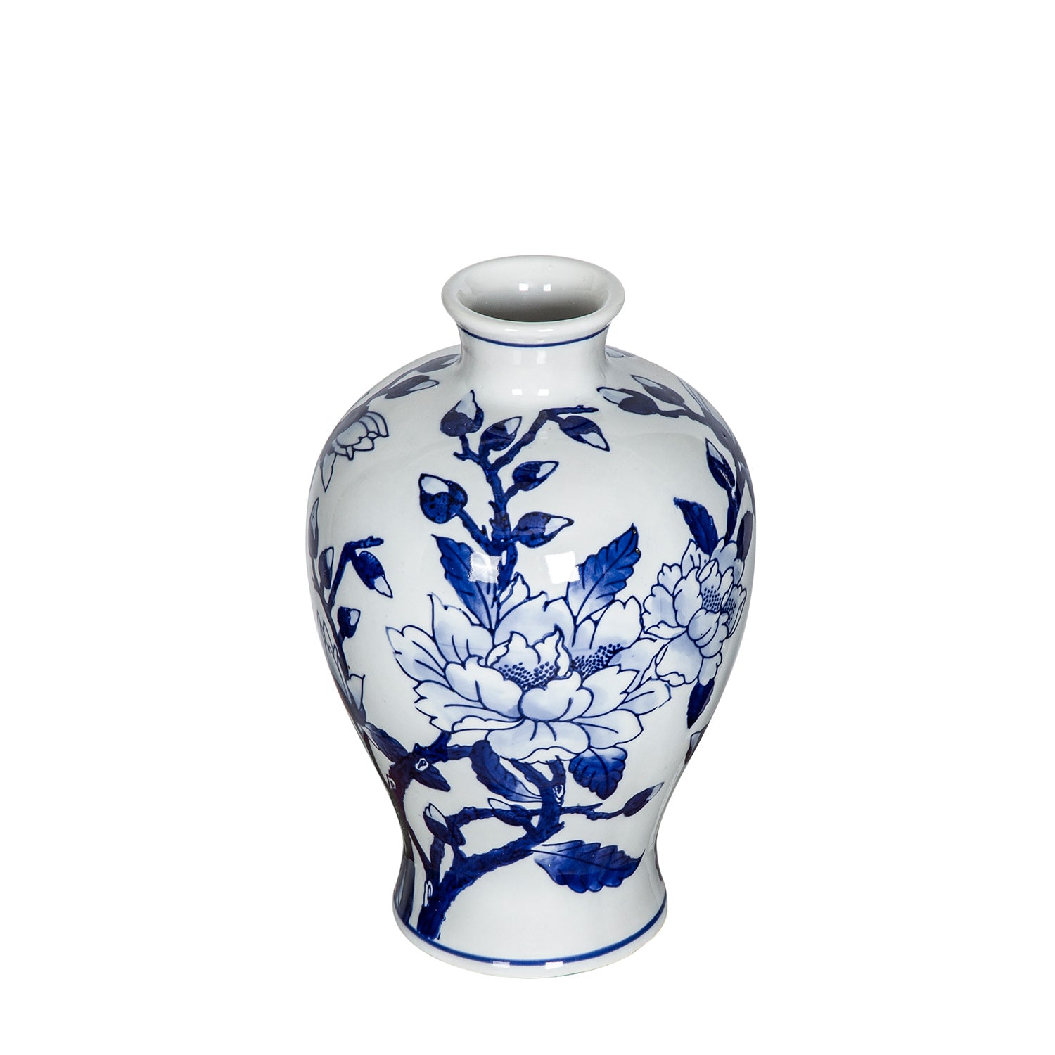 Gracious Living Magnolia Vase Blue White featuring a white ceramic vase with blue magnolia floral detailing.