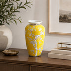 Gracious Living Yellow Plum Blossom Urn Vase Yellow styled on a wooden sideboard.