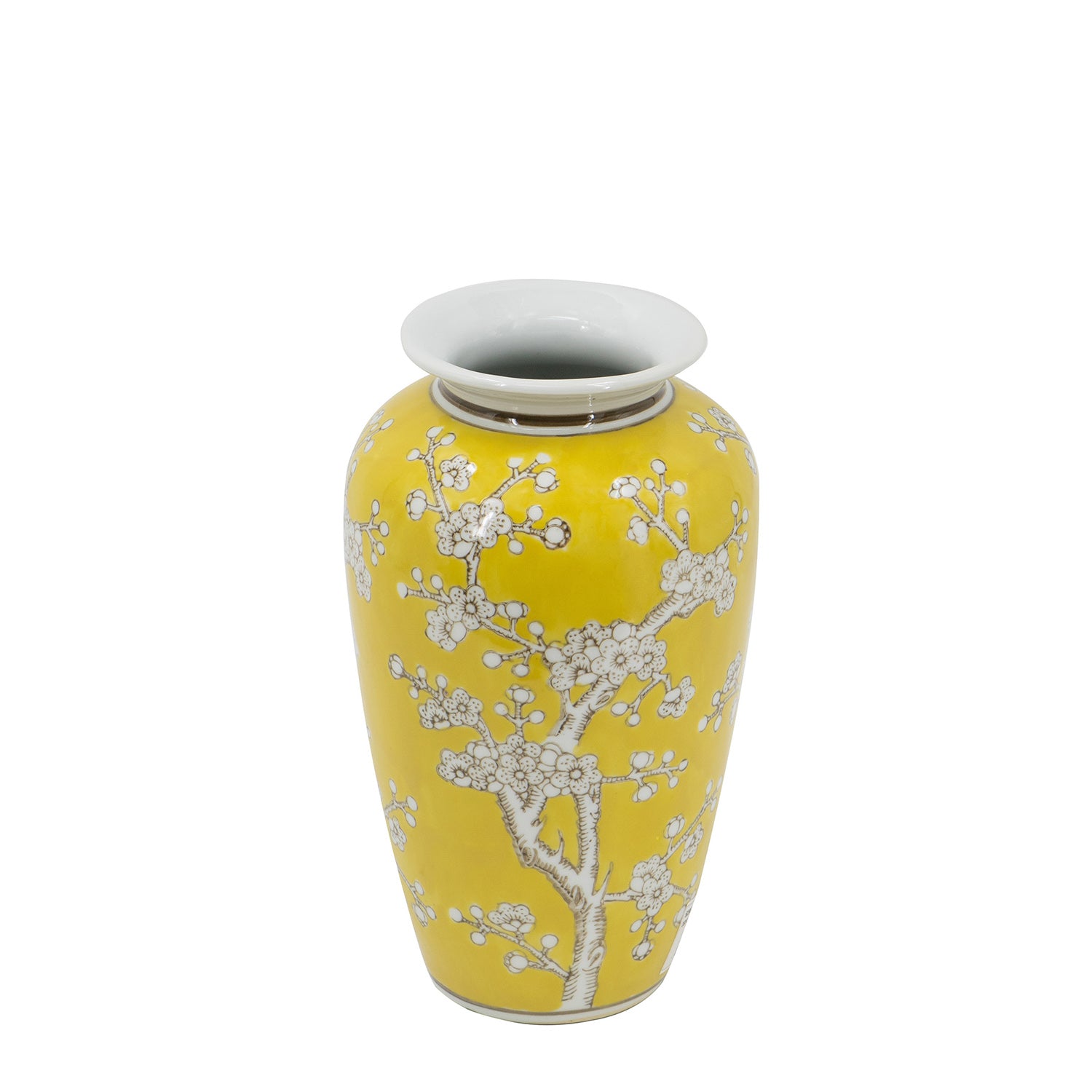 Gracious Living Yellow Plum Blossom Urn Vase Yellow featuring a bright yellow urn vase with white plum blossom detailing.