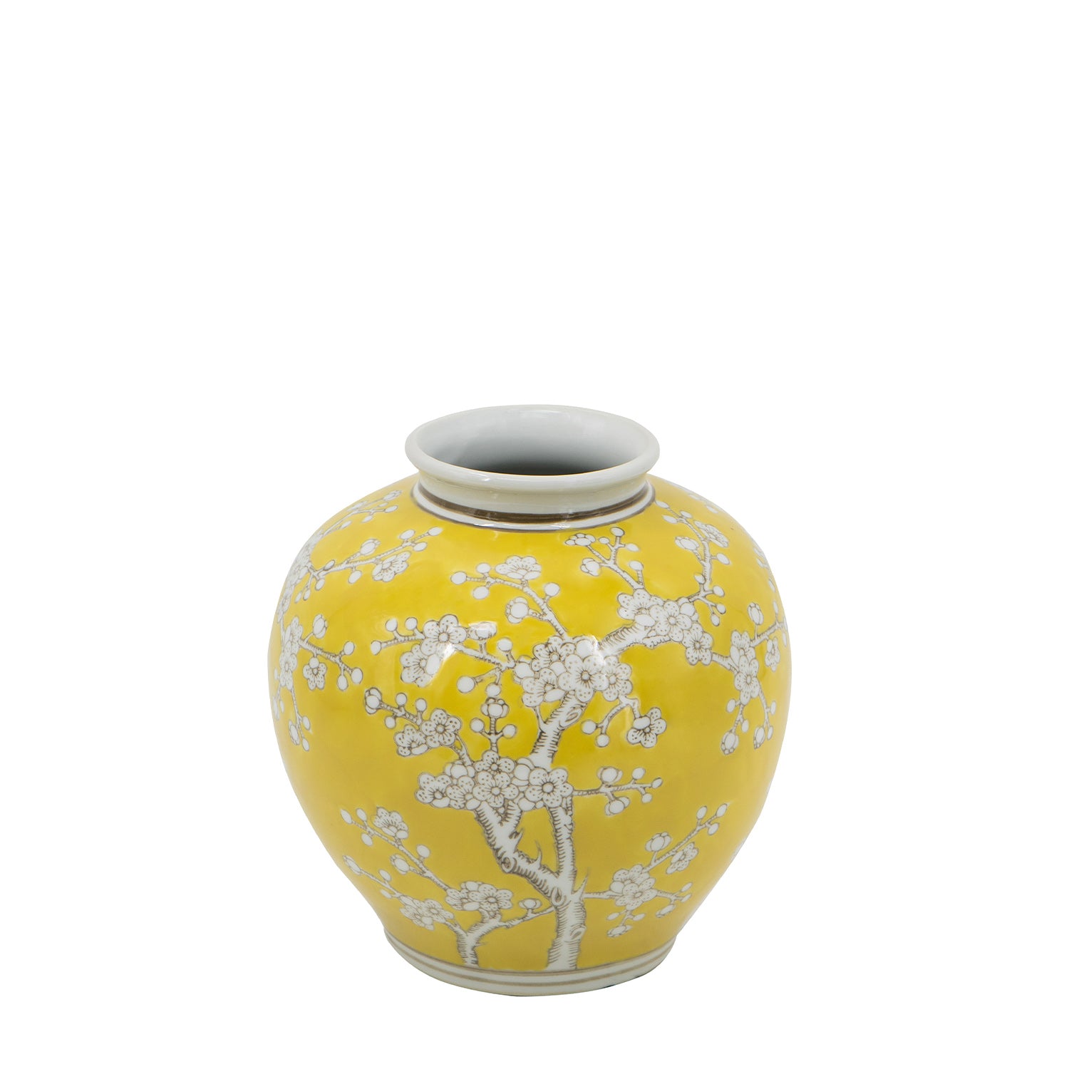 Gracious Living Yellow Plum Blossom Bowl Vase featuring a bright yellow round bowl vase with white plum blossom detailing.