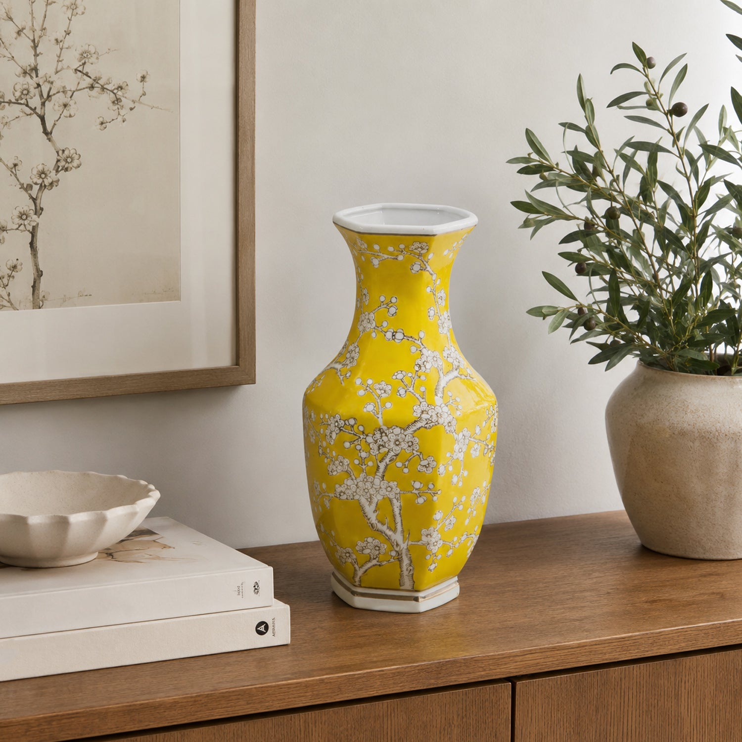 Gracious Living Yellow Plum Blossom Vase Yellow styled on a wooden sideboard.