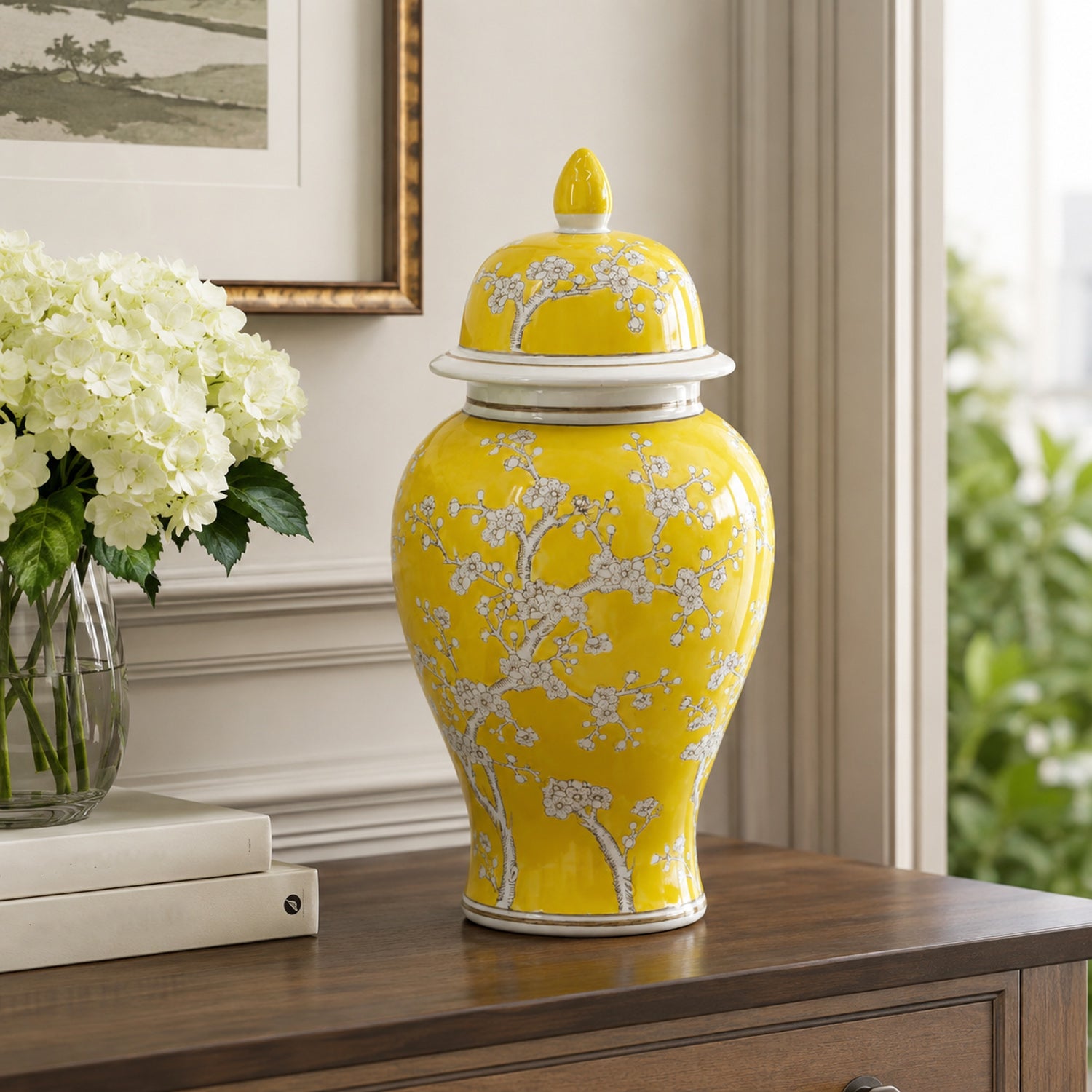 Gracious Living Yellow Plum Blossom Ginger Jar Yellow styled on a wooden sideboard.