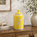 Gracious Living Yellow Plum Blossom Jar Yellow styled on a wooden sideboard.