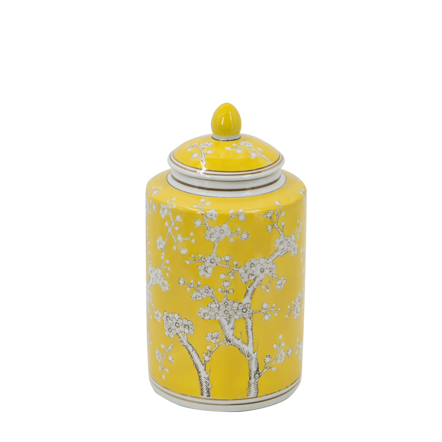 Gracious Living Yellow Plum Blossom Jar Yellow featuring a bright yellow lidded jar with white plum blossom detailing.