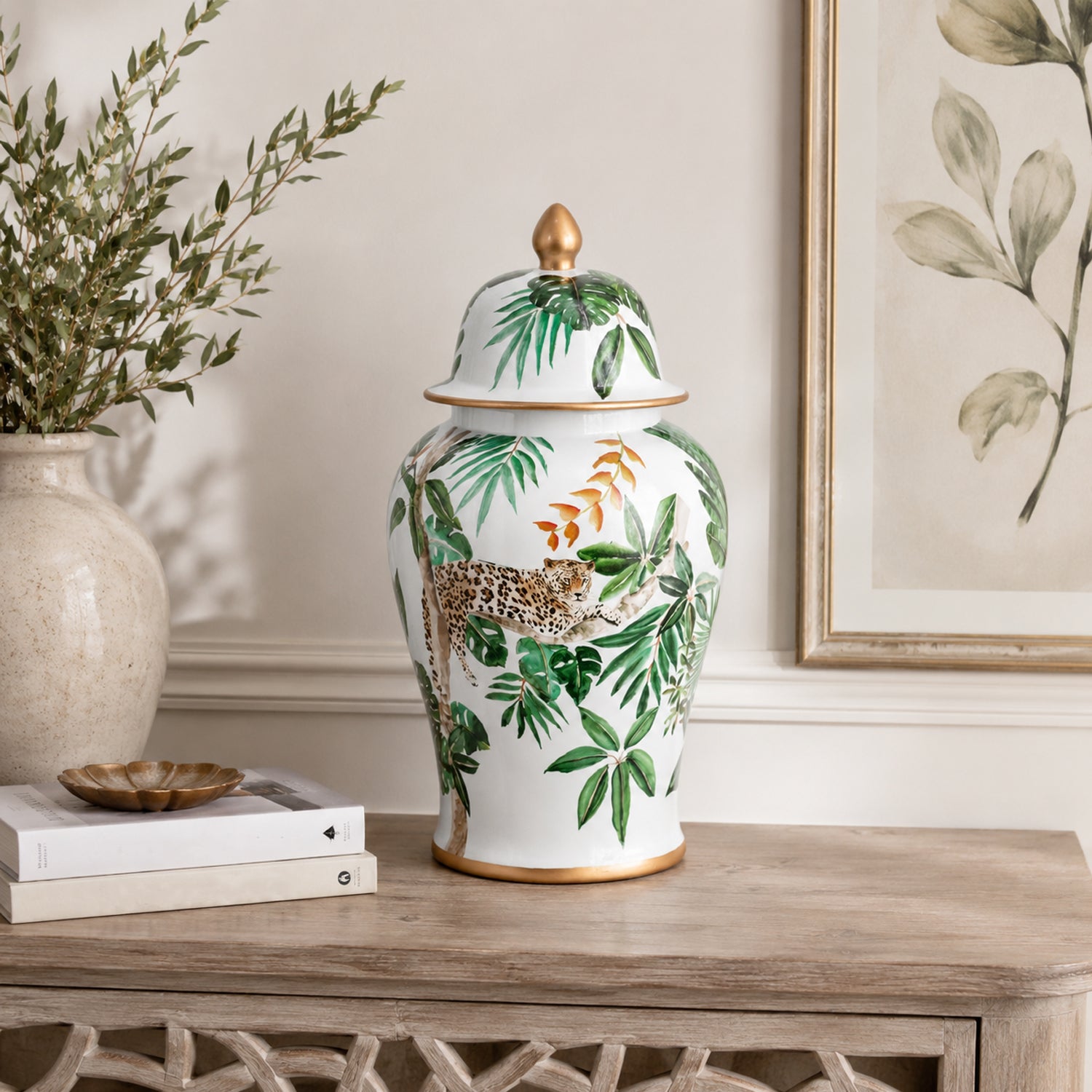 Design Republique Jungle Ginger Jar Multi Coloured styled on a wooden sideboard.
