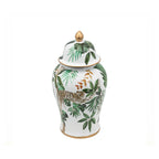 Design Republique Jungle Ginger Jar Multi Coloured featuring a white ceramic ginger jar with green jungle leaf and leopard detailing.