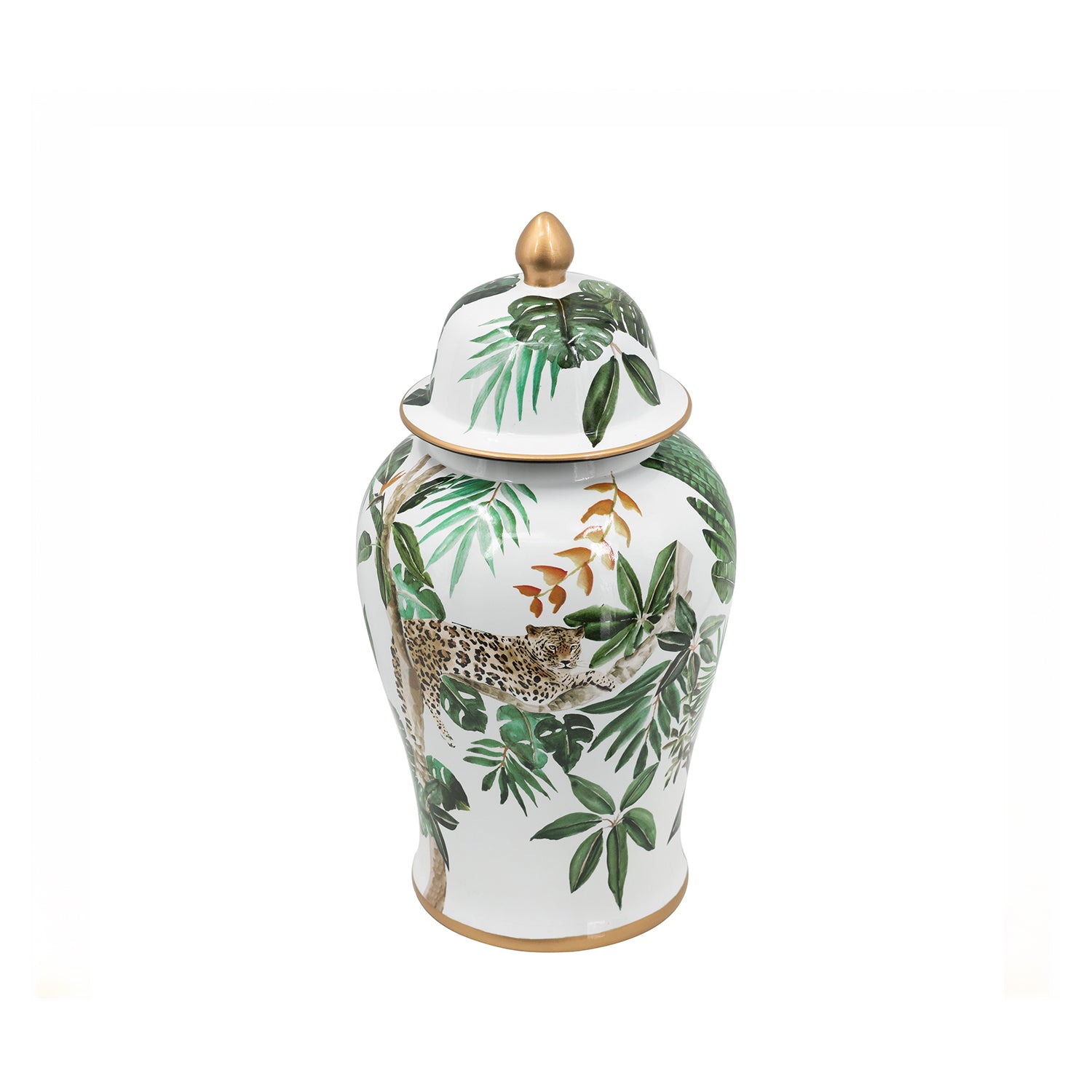 Design Republique Jungle Ginger Jar Multi Coloured featuring a white ceramic ginger jar with green jungle leaf and leopard detailing.