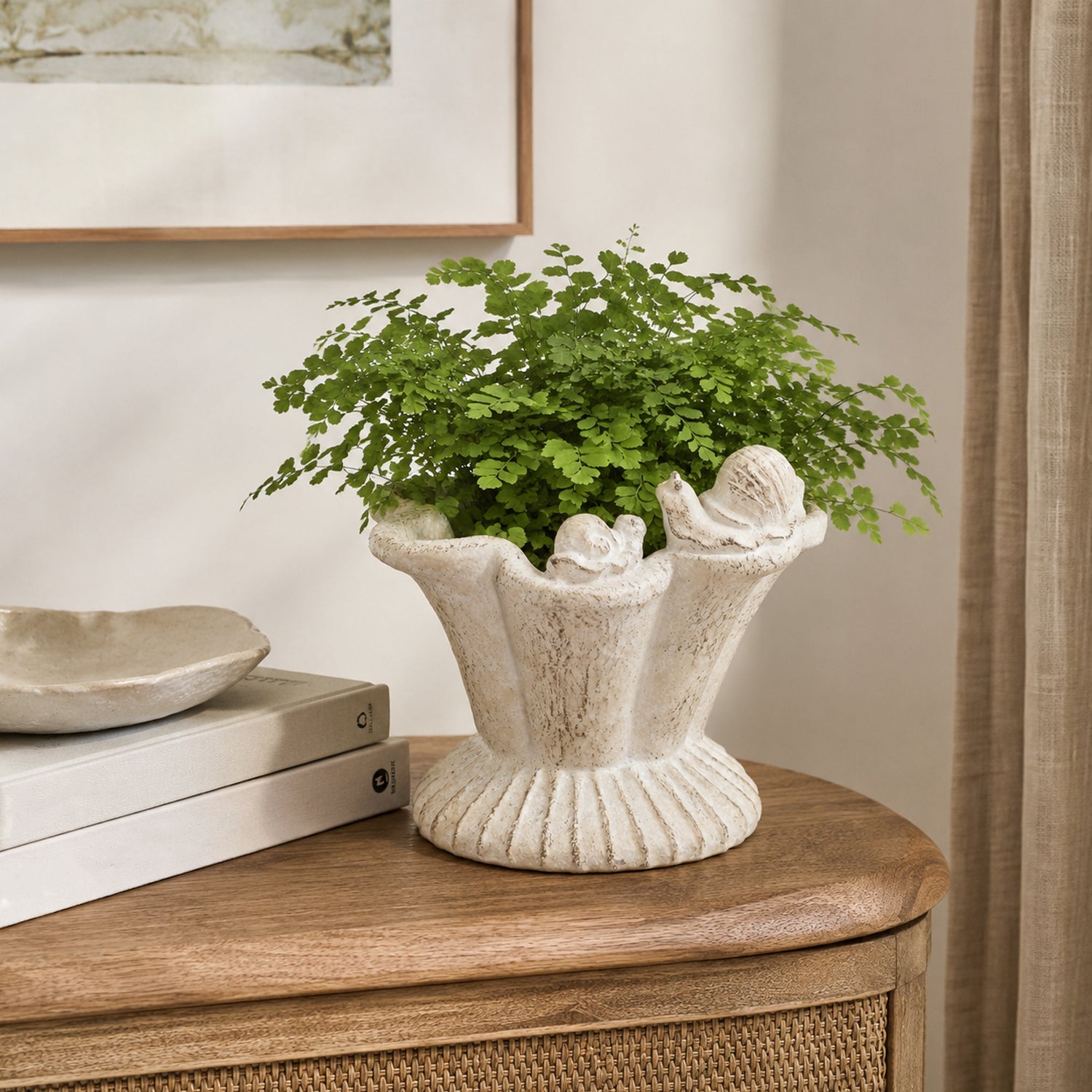 Design Republique Flower Planter Natural styled with a green plant on a wooden sideboard.