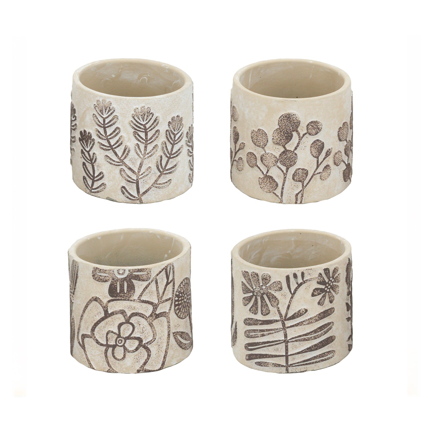 Design Republique Herb Planter 4 Piece Natural featuring four cream ceramic planters with assorted botanical designs.