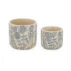 Design Republique Renee Planter Set of 2 Green featuring two cream ceramic planters with blue floral detailing.