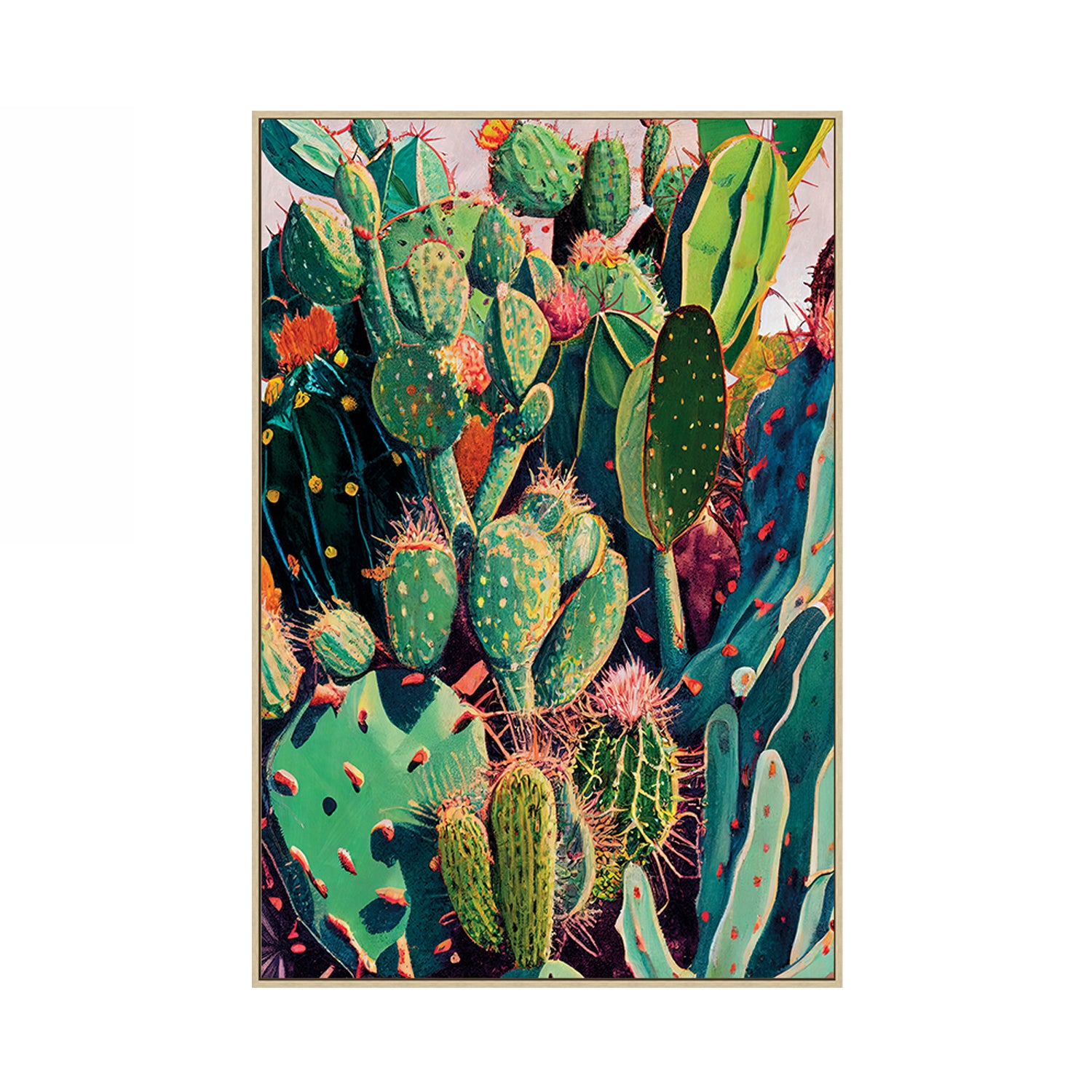 Framed artwork of colorful cacti on a white background