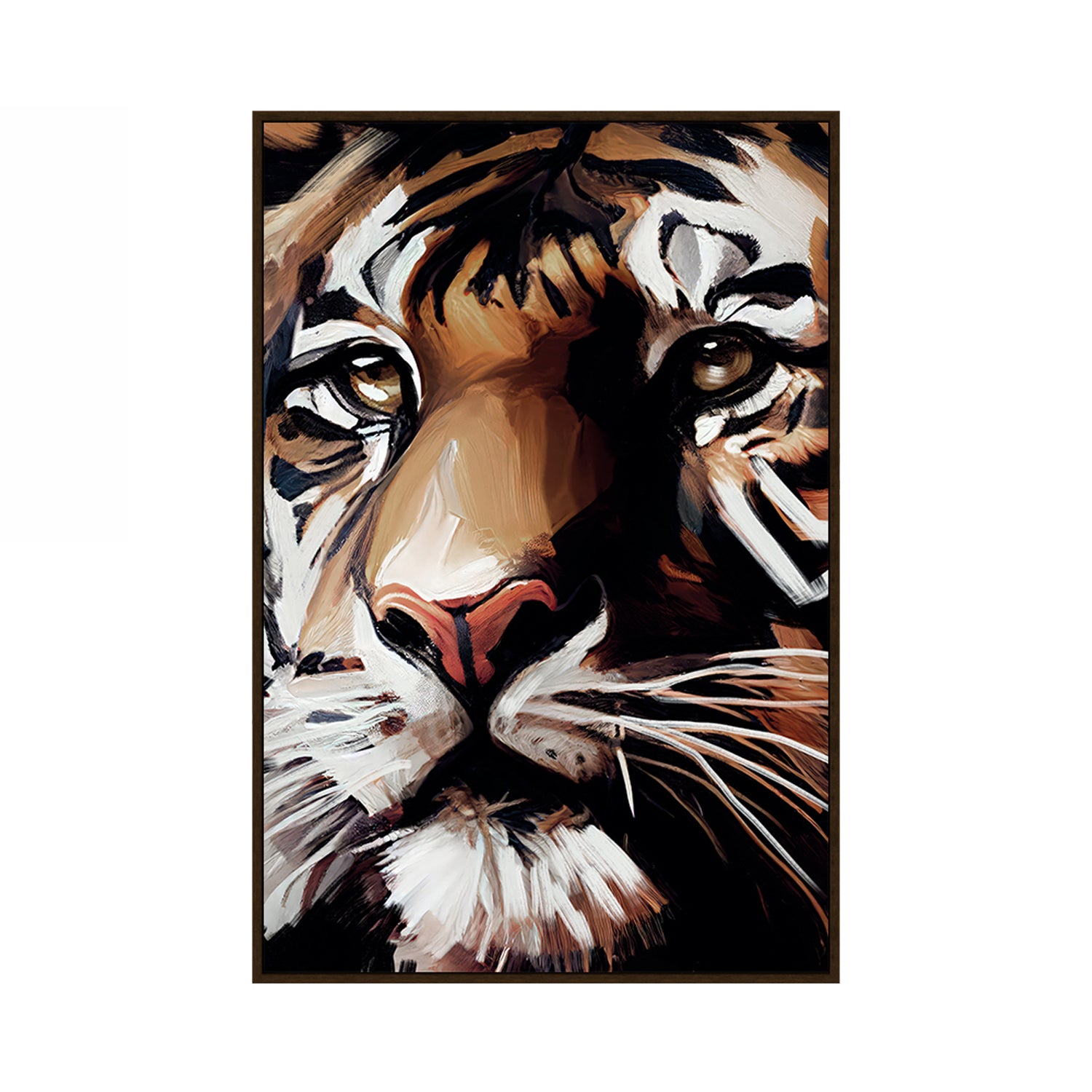 Artistic painting of a tiger's face on a white background