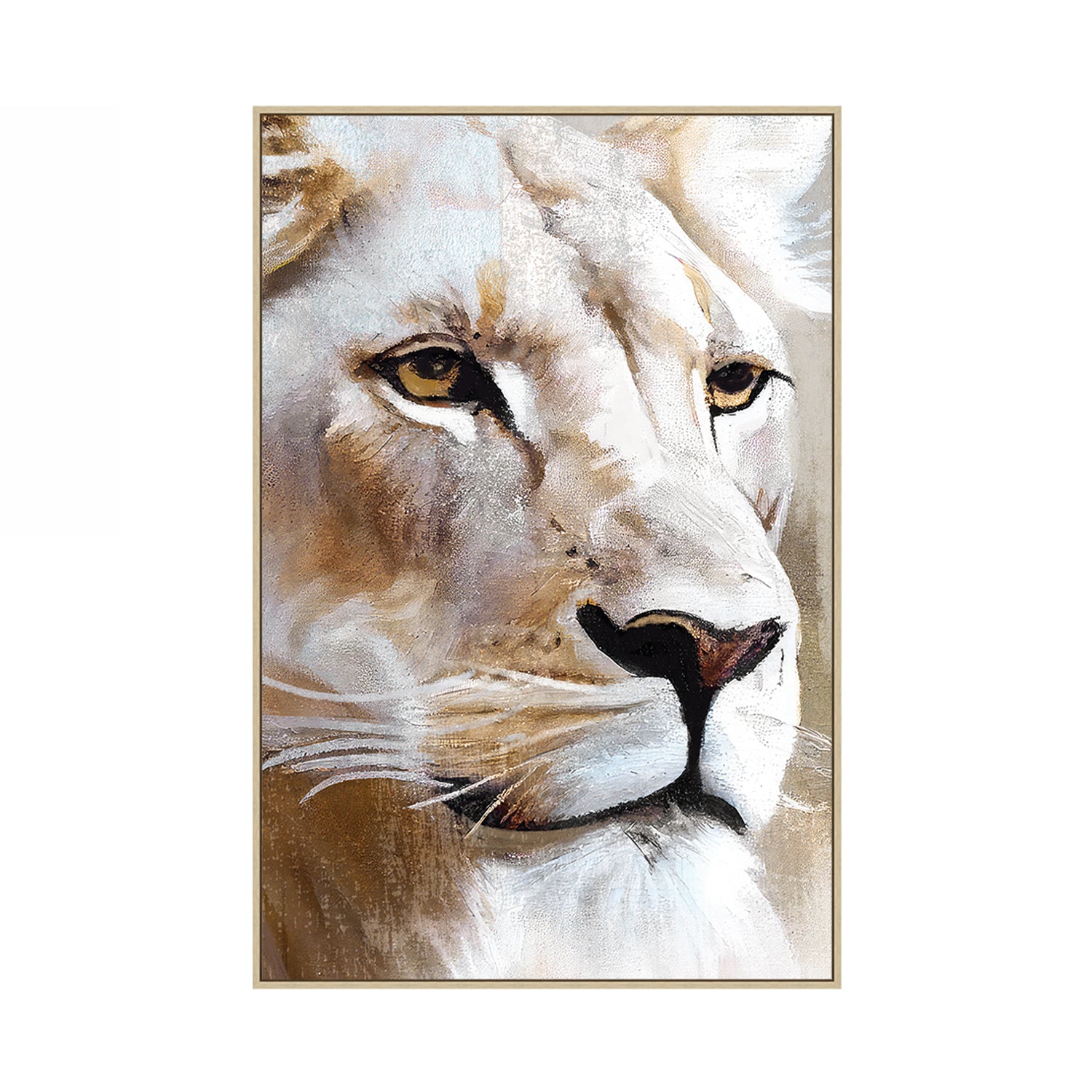 Framed artwork of a lion's face on a white background