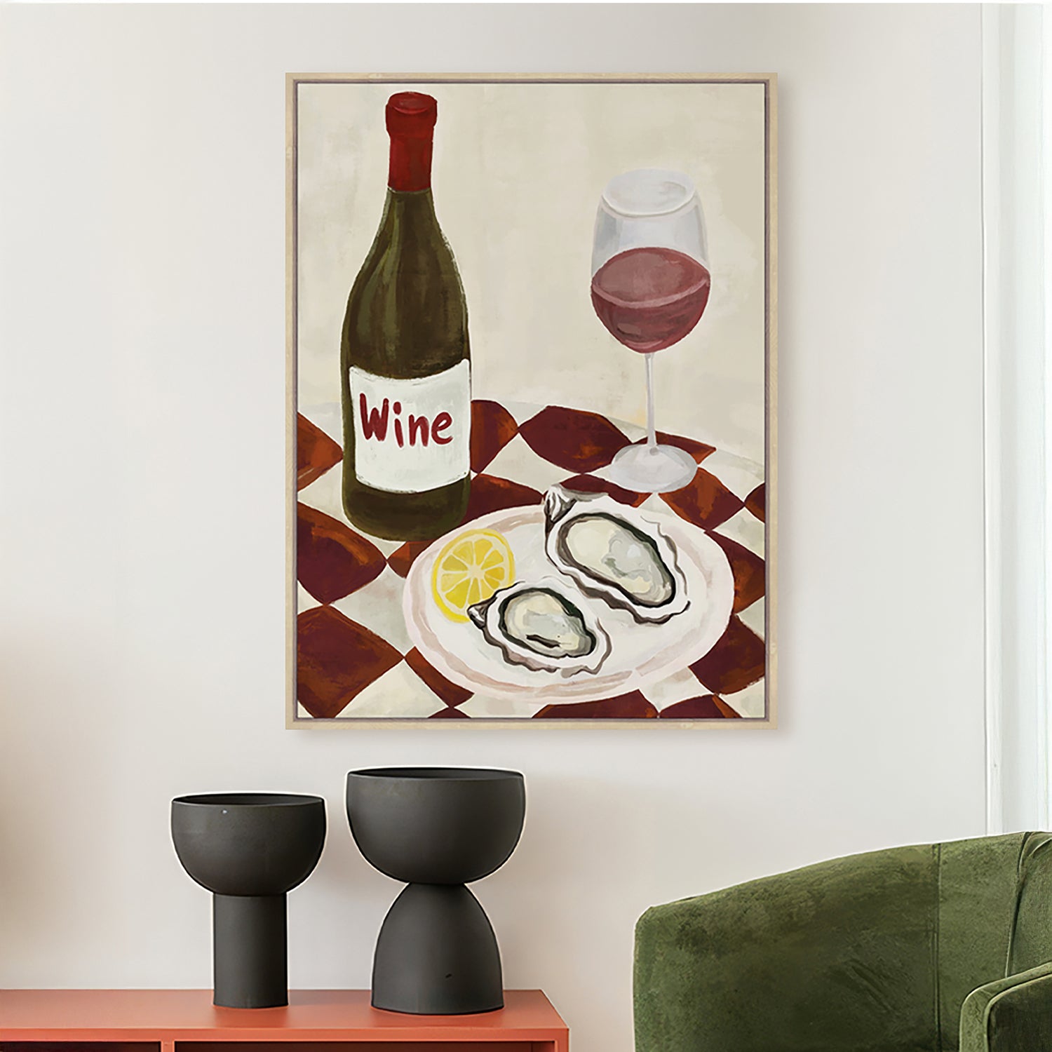 Design Republique Dish Wine Framed Canvas styled on a wall above a console table with black planters and a green chair.