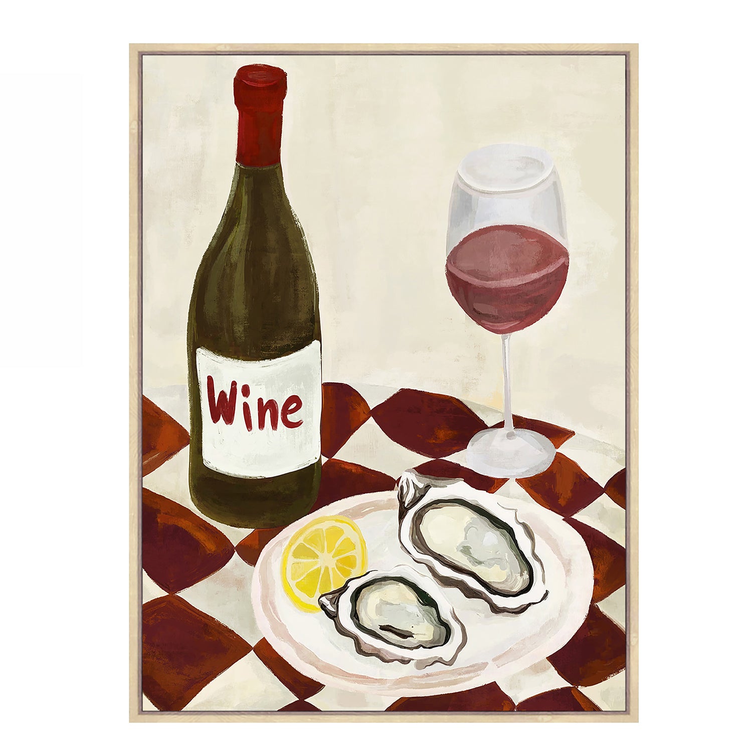 Design Republique Dish Wine Framed Canvas featuring a painted wine bottle, red wine glass, oysters and lemon on a checked table.