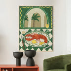 Design Republique Dish Green Framed Canvas styled on a wall above a console table, featuring a lobster, wine glass, oyster and green arch design.