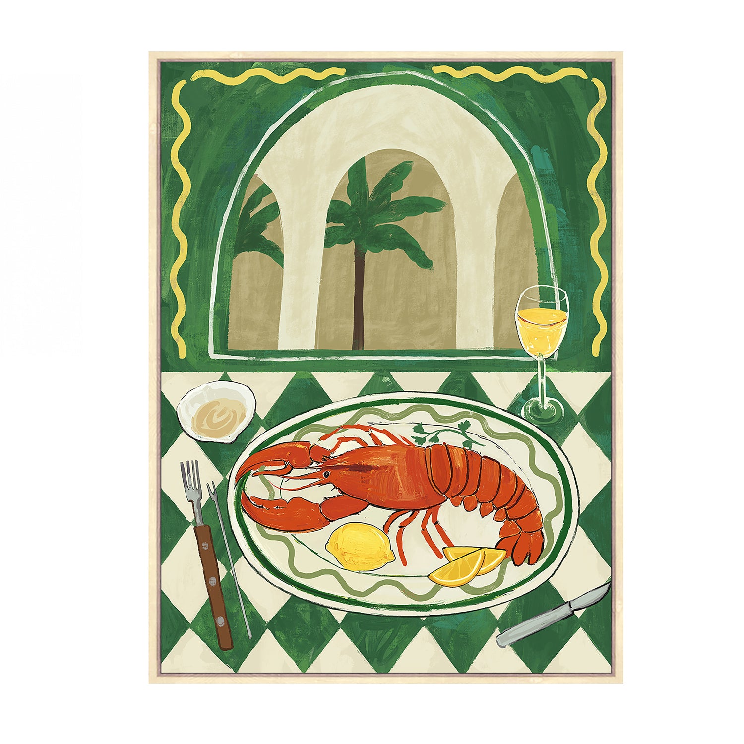 Design Republique Dish Green Framed Canvas featuring a painted lobster on a plate with lemon, oyster, wine glass and green checked table design.