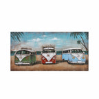 Design Plus metal 3D kombis wall art featuring three colourful vintage vans by the beach with palm trees and an online only label.
