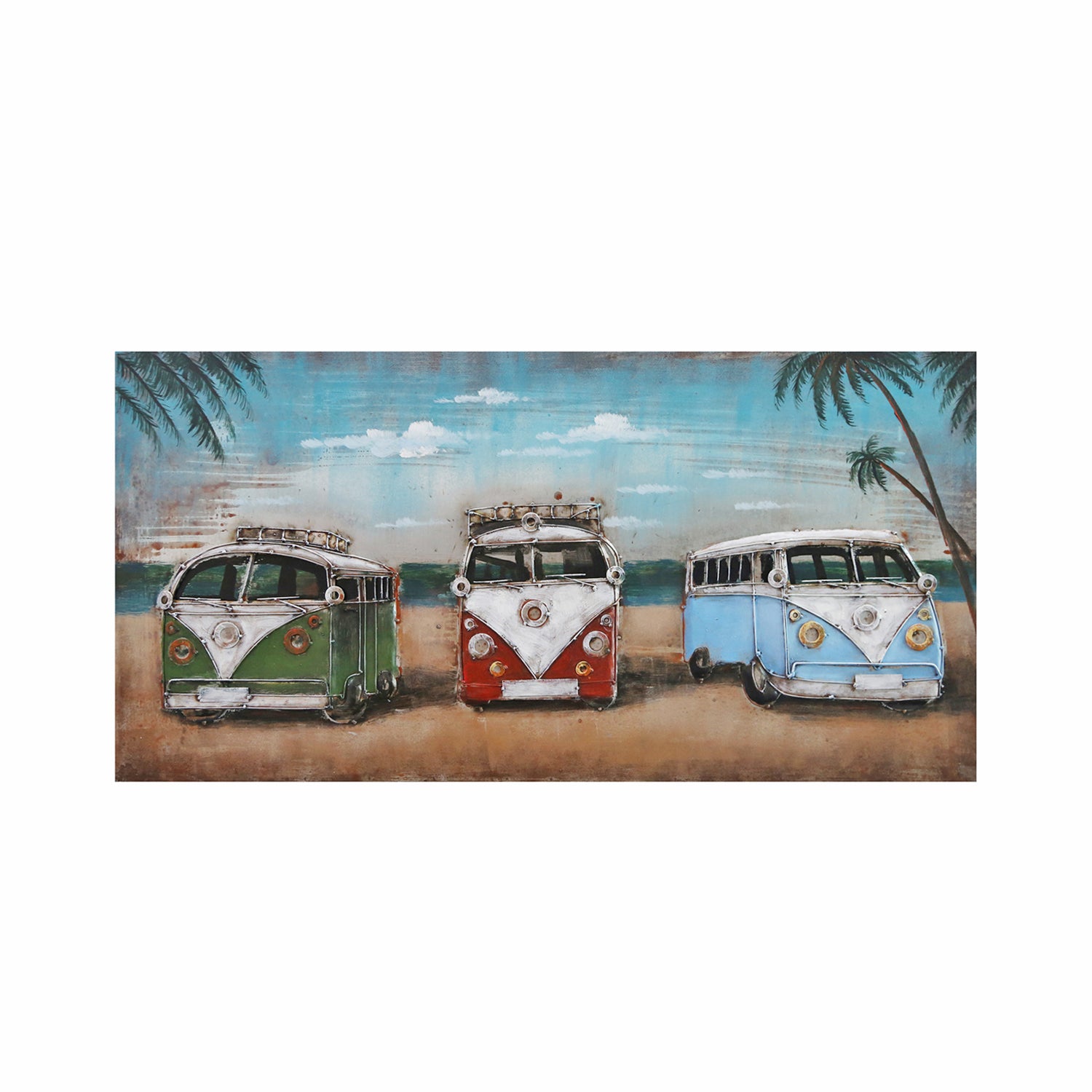 Design Plus metal 3D kombis wall art featuring three colourful vintage vans by the beach with palm trees and an online only label.