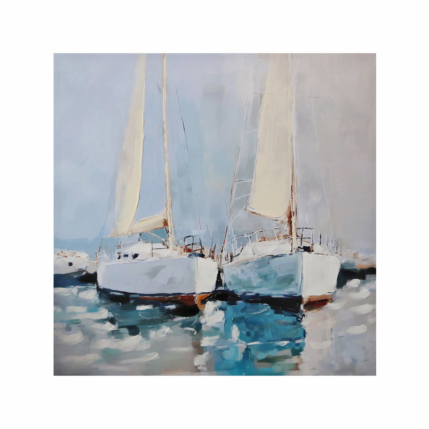 Cove Escape sailing wall art featuring two sailboats on blue water in soft neutral tones.