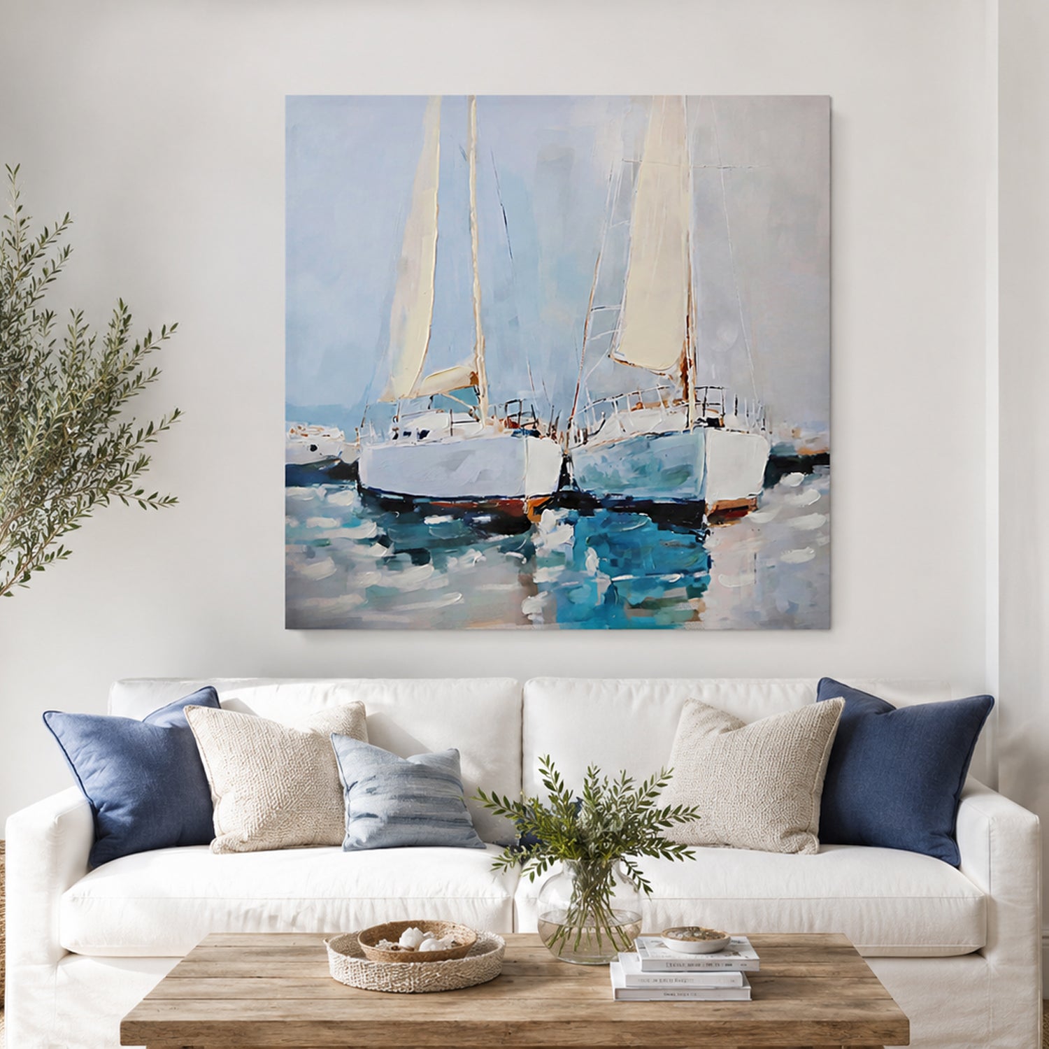 Cove Escape sailing wall art styled above a white sofa in a coastal living room.