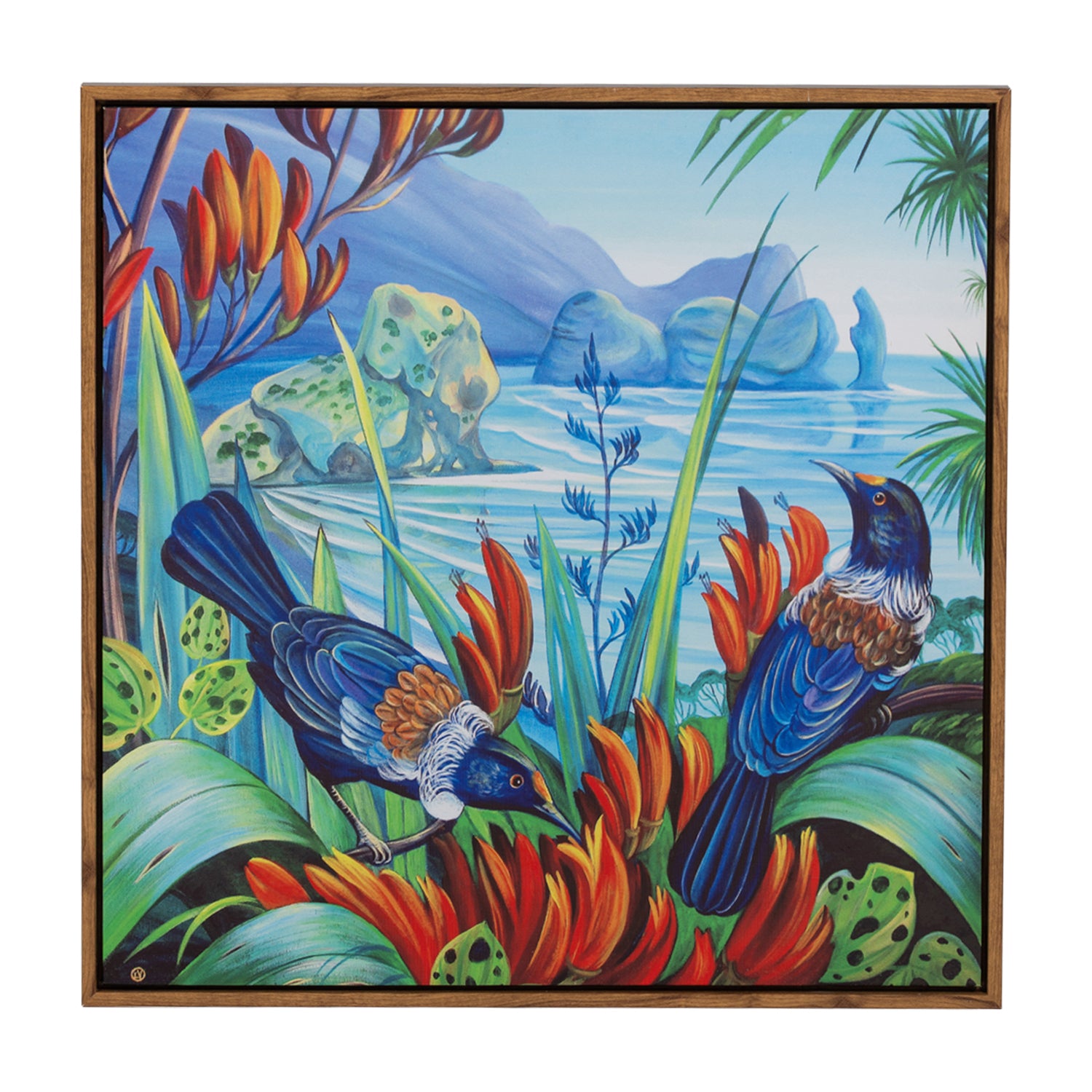 Design Plus Piha North Wall Art featuring two tūī birds among vibrant native flax flowers overlooking a tranquil New Zealand coastal landscape with iconic rock formations, framed in a natural wood-look frame.