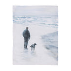A serene watercolour-style artwork depicts a person and their dog walking along a quiet shoreline in soft blue-grey tones.