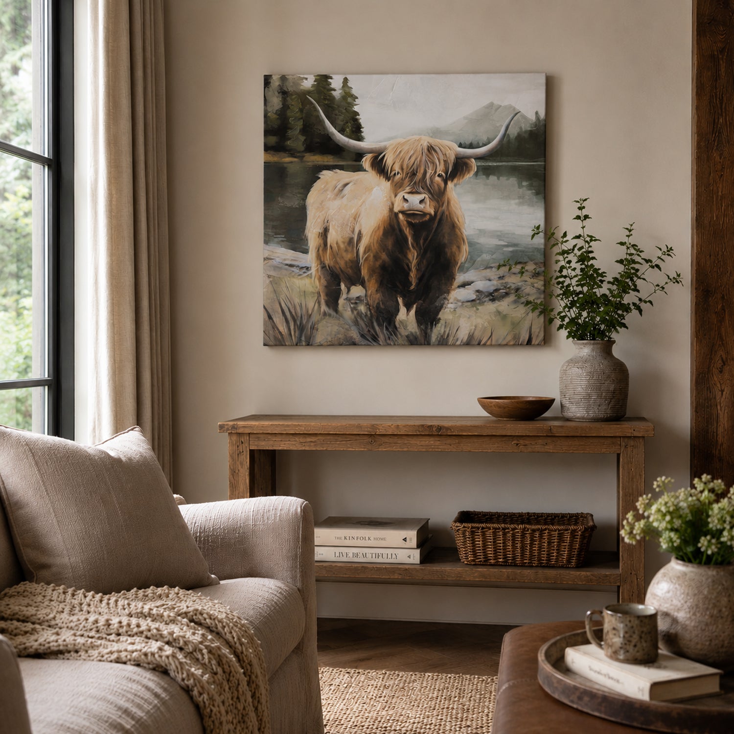A rustic-inspired living room showcases a Highland cow canvas above a timber console table, styled with natural wood, woven textures, and soft neutral décor for a warm, inviting feel.