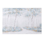 A tranquil birch forest painting in soft blue, white, and gold tones creates a peaceful woodland scene with delicate textured brushstrokes and an ethereal, contemporary feel.