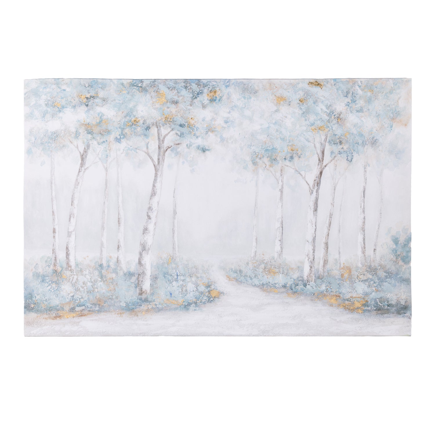 A tranquil birch forest painting in soft blue, white, and gold tones creates a peaceful woodland scene with delicate textured brushstrokes and an ethereal, contemporary feel.