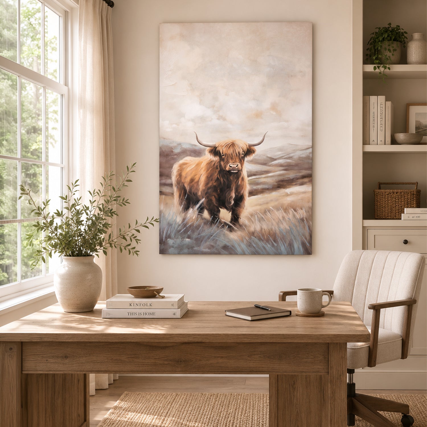 A bright modern country home office features a Highland cow canvas above a rustic timber desk, complemented by warm neutral tones, natural textures, and inviting décor.