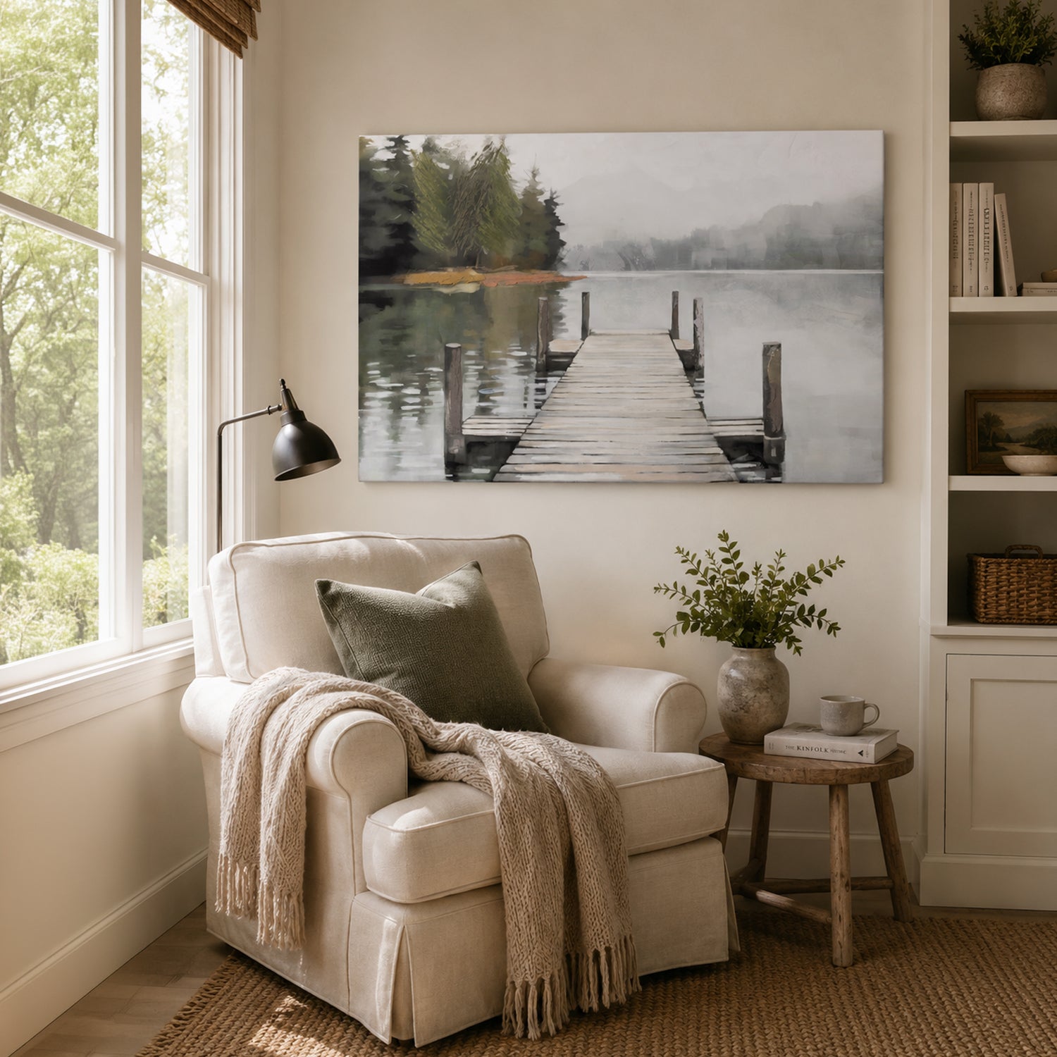 A cosy reading nook is styled with a tranquil lakeside pier canvas above a comfortable armchair, creating a calm retreat with soft neutral tones and natural textures.