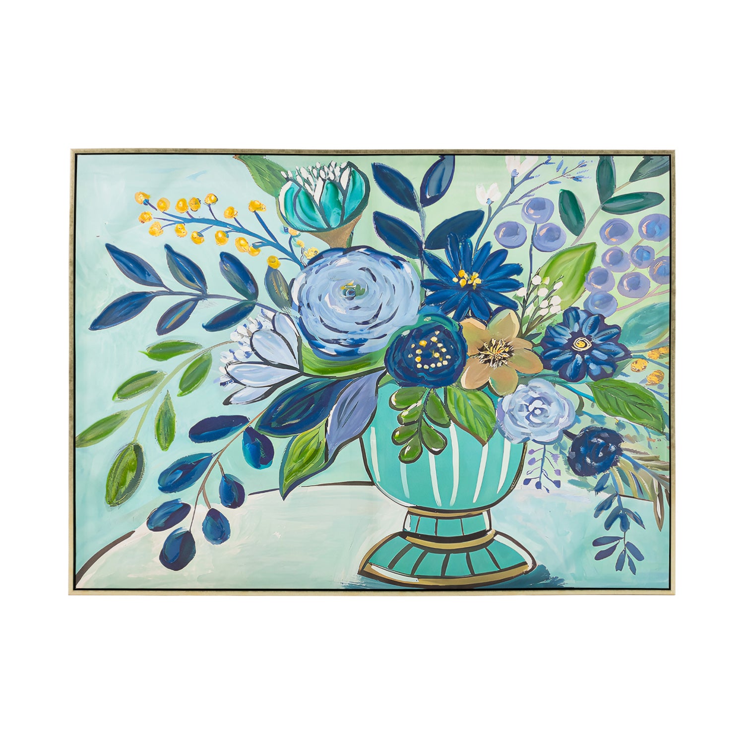 Blue floral vase wall art with a gold frame on a white background.
