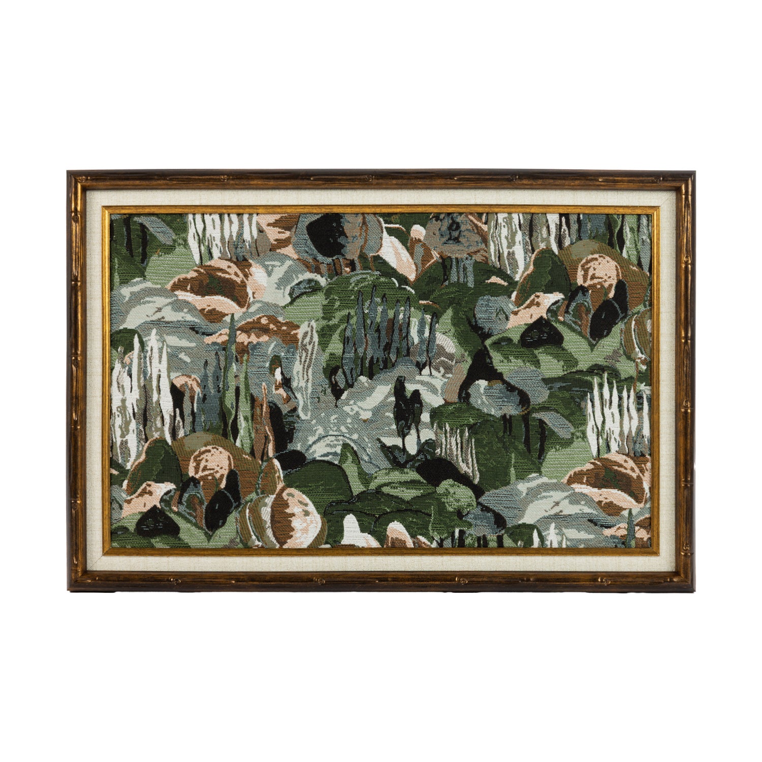 Multi-coloured floral wall art with an antique-style gold frame on a white background.