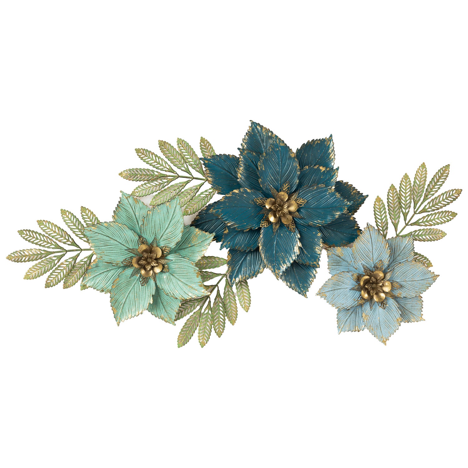 Blue and teal floral metal wall art with gold detailing and green leaves on a white background.
