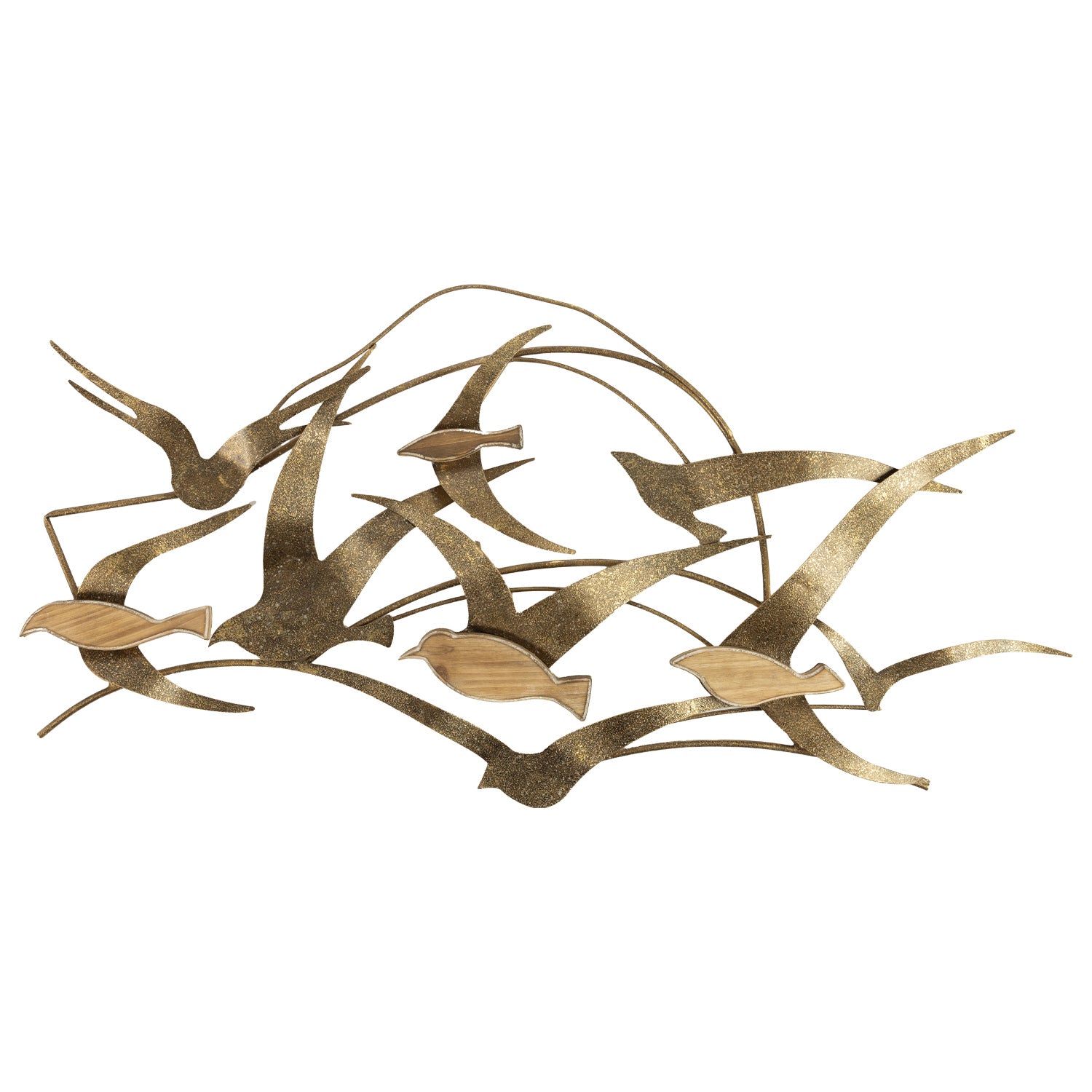 Gold metal birds wall art with flying birds and curved abstract detailing on a white background.
