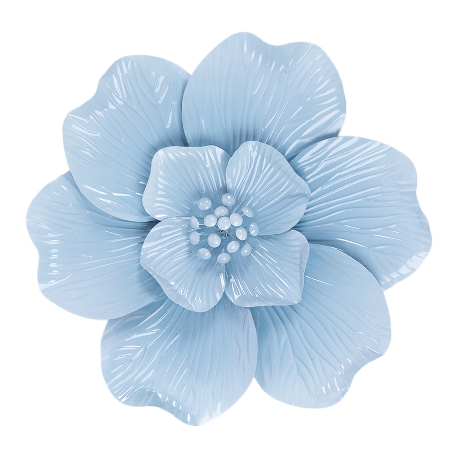 A light blue artificial flower with layered petals and a textured center, isolated on a white background.