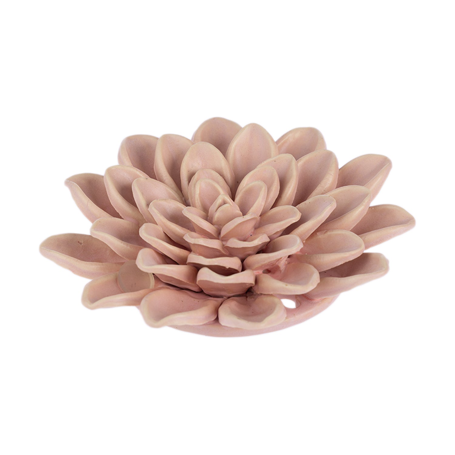 A dusty pink ceramic flower figurine with layered petals, photographed on a seamless white background.