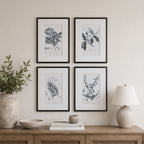 Gracious Living Botanical Black & White Art 4 Piece set displayed in black frames above a wooden console with neutral décor and greenery.