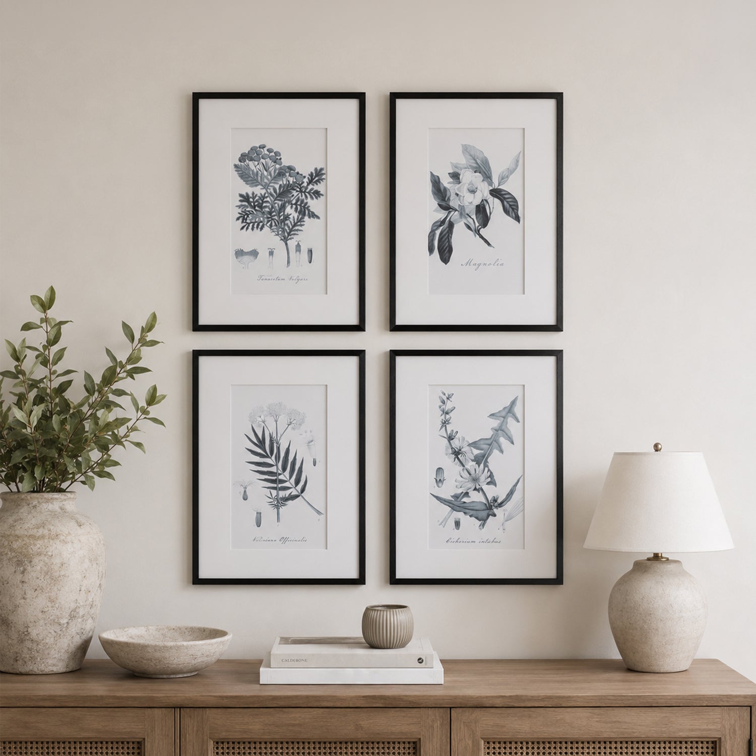 Gracious Living Botanical Black & White Art 4 Piece set displayed in black frames above a wooden console with neutral décor and greenery.