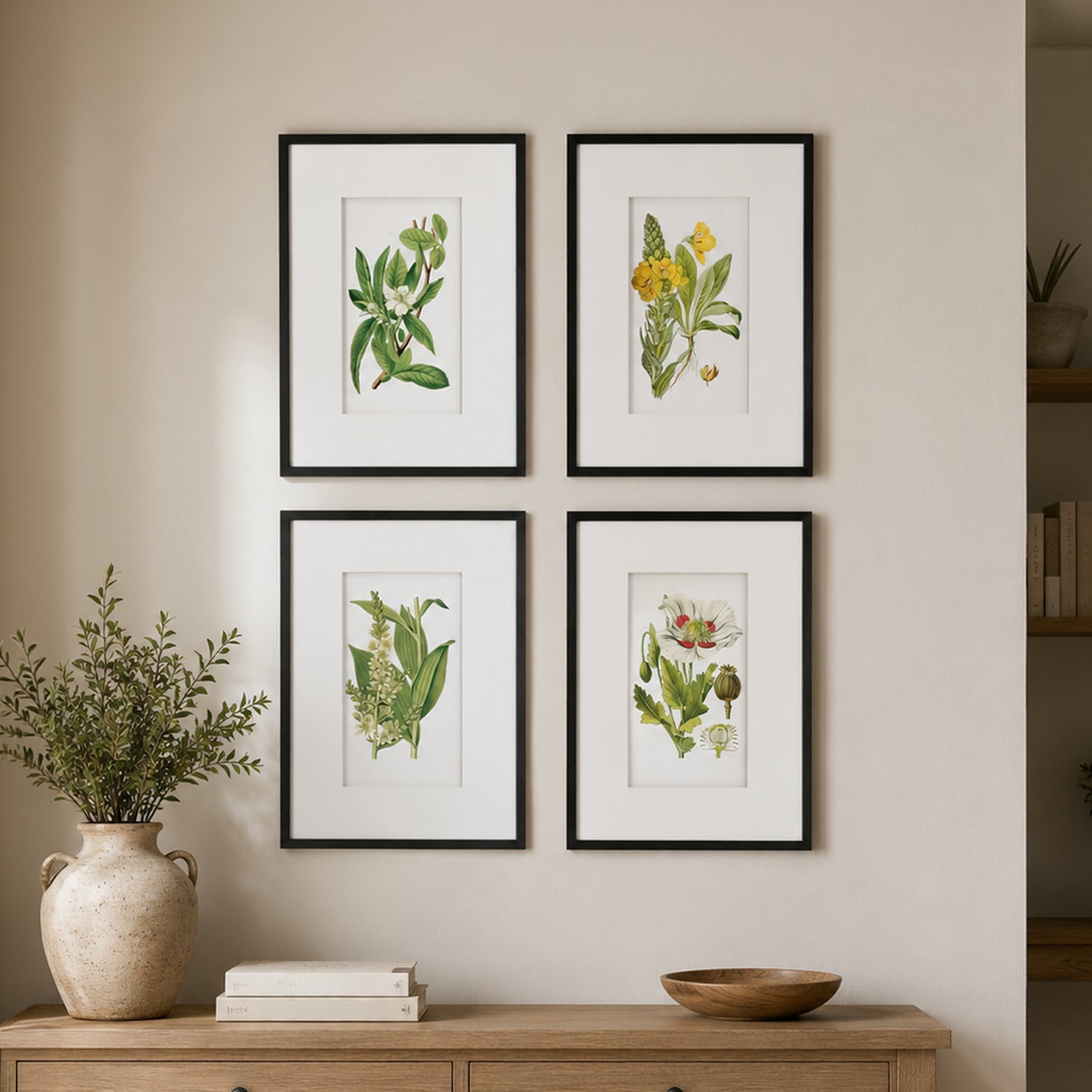 Gracious Living Botanical Black & White Flower Art 4 Piece in a styled living room setting above a wooden console table.