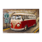 Design Plus Metal 3D Wall Art Kombi featuring a red and cream vintage van beside a California Route 1 road sign.