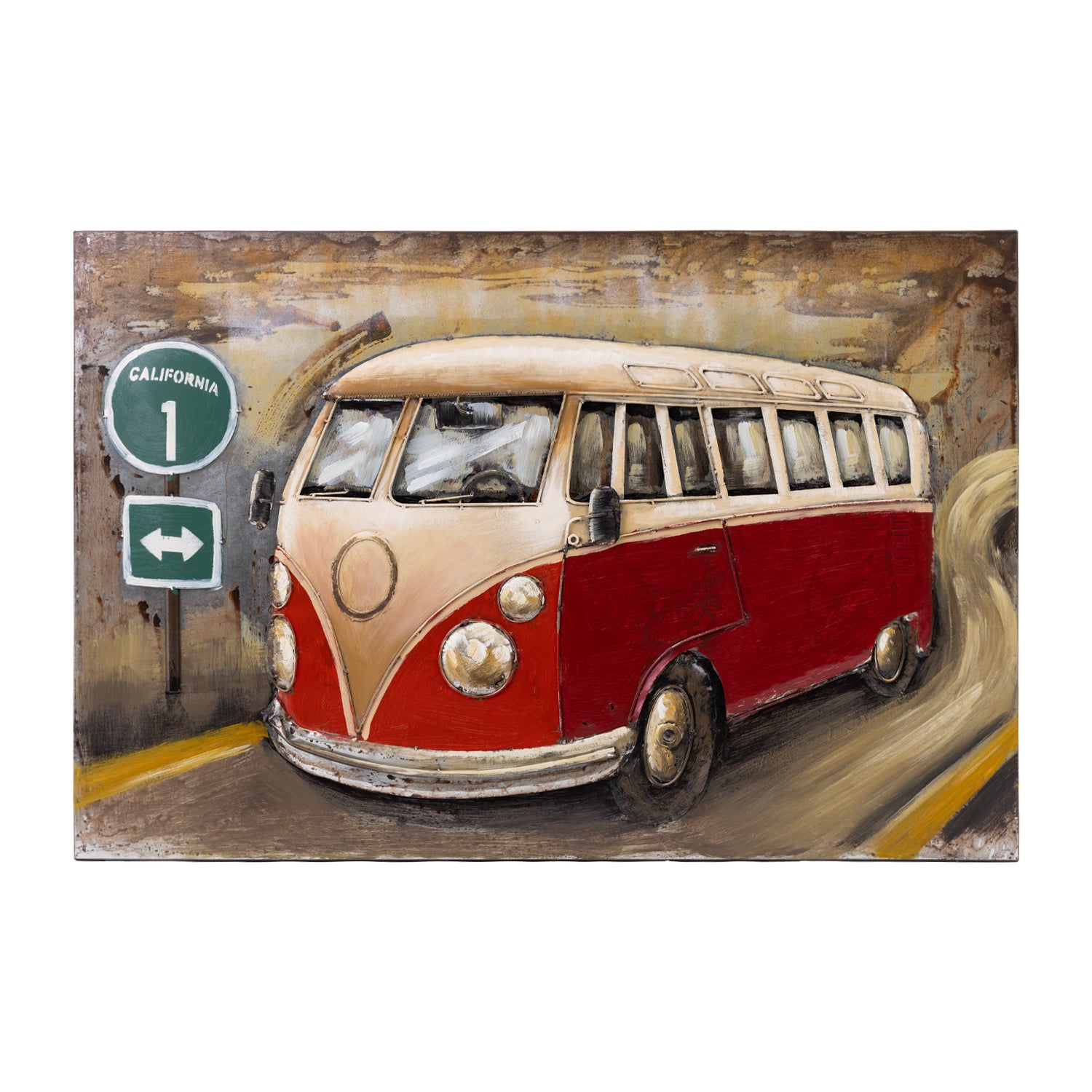 Design Plus Metal 3D Wall Art Kombi featuring a red and cream vintage van beside a California Route 1 road sign.