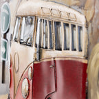 Close-up of the Kombi metal wall art showing the raised van windows, layered metal details and distressed painted finish.