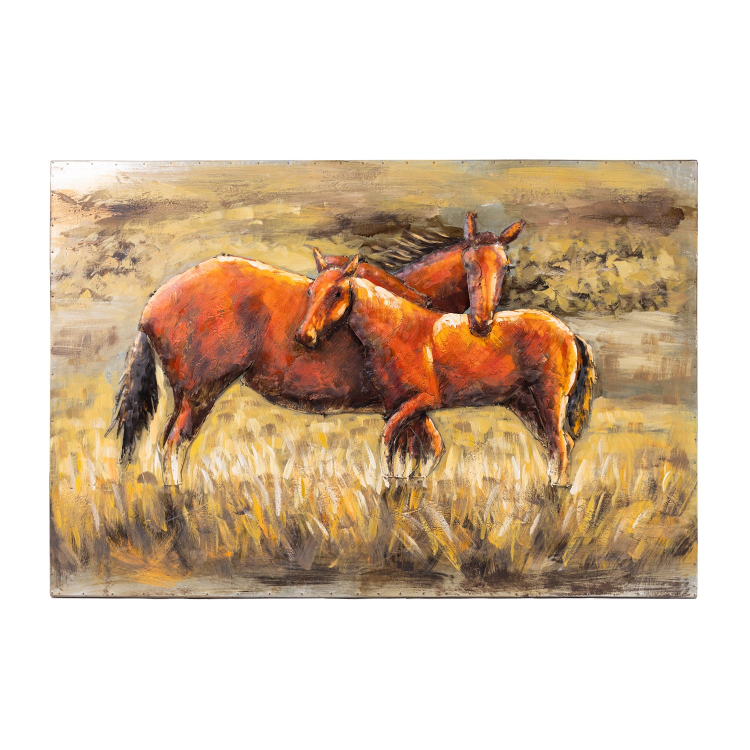 Design Plus Metal 3D Wall Art Horses featuring three warm-toned horses standing together in a grassy landscape.