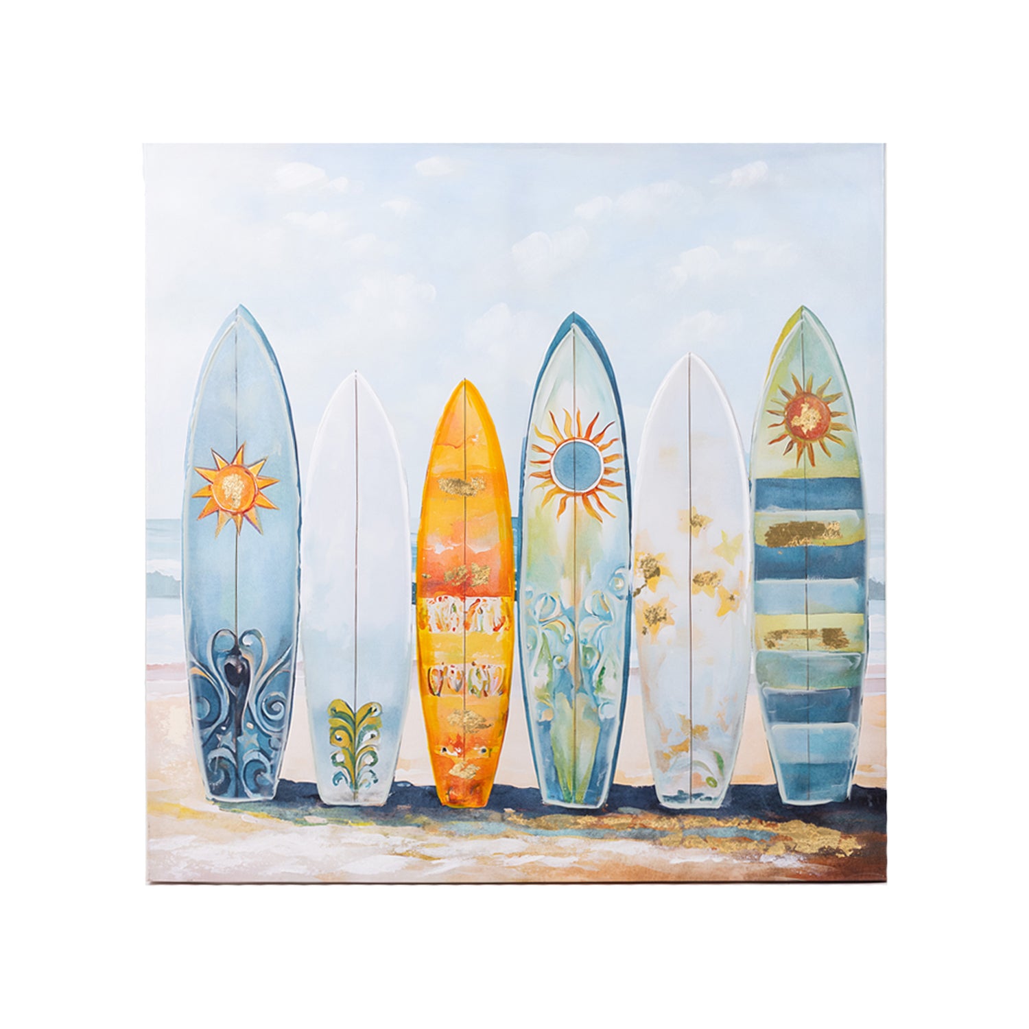 Design Plus Canvas Surfboards Wall Art featuring six colourful decorative surfboards in blue, white, orange and green tones.