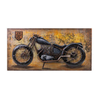 Design Plus Metal 3D Wall Art Motorcycle featuring a vintage black motorcycle against a distressed map-inspired background.