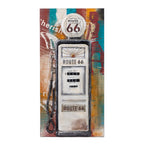 A vertical rectangular wall art piece featuring a stylized vintage Route 66 gas pump illustration over an abstract multicolor background with teal, rust, cream, and orange tones.