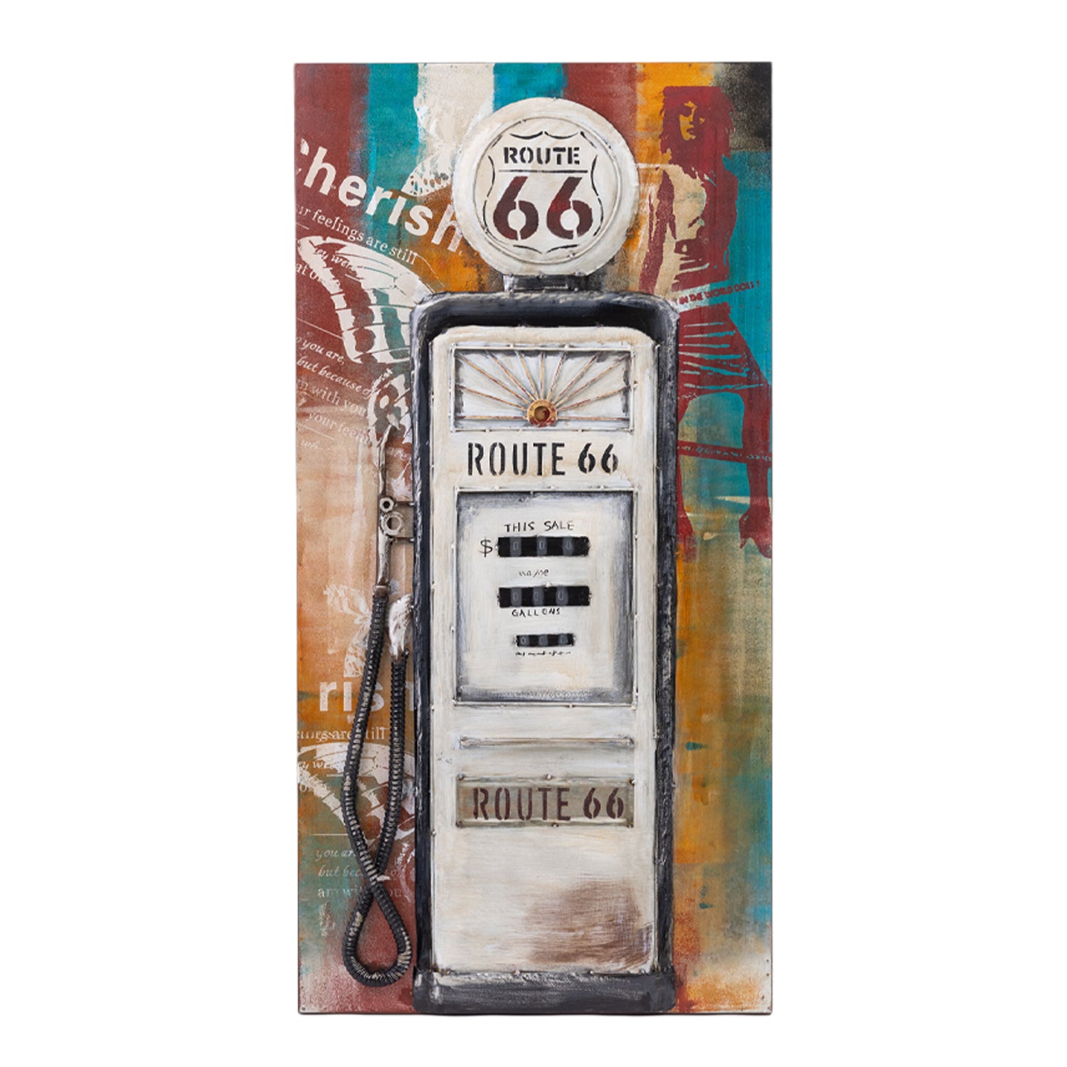 A vertical rectangular wall art piece featuring a stylized vintage Route 66 gas pump illustration over an abstract multicolor background with teal, rust, cream, and orange tones.